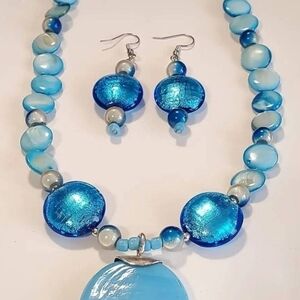 Blue Infused Glass Pendant Mother of Pearl Coin Bead Necklace Earrings Set